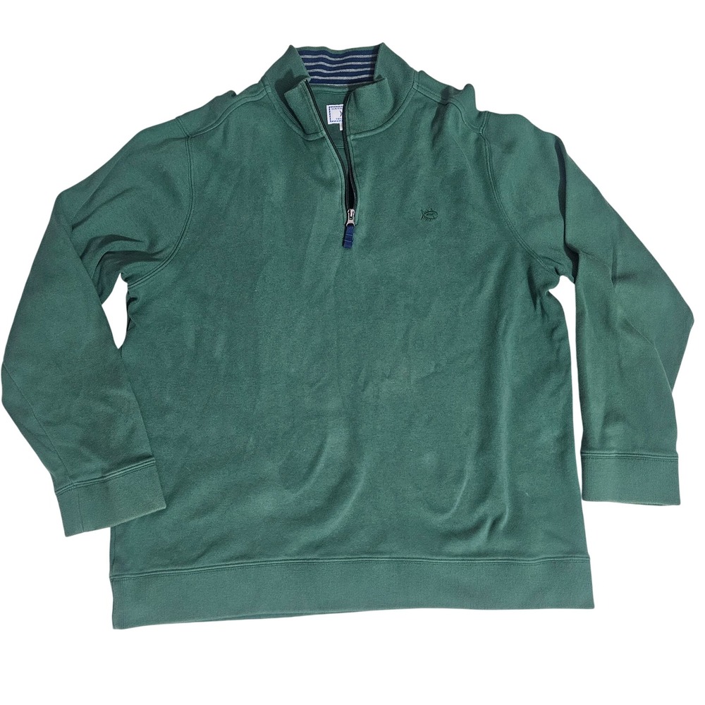 Southern Tide Skipjack Men XL Green 1/4 Zip Cotton Pullover Sweater Striped Neck